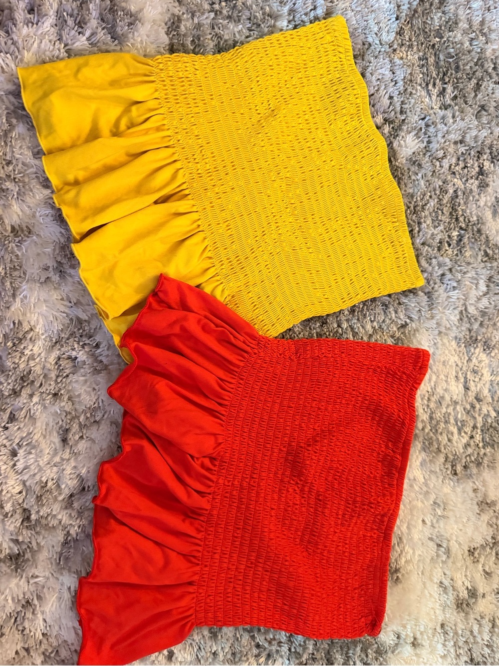 Wishful Park Smocked Ruffle Crop Top in Yellow and Red